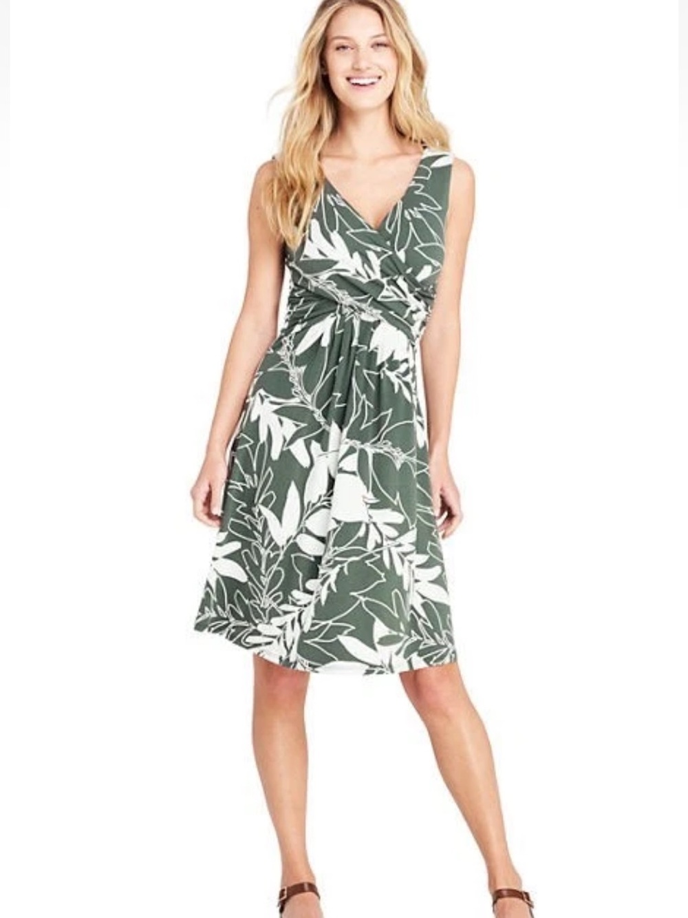 Lands’ End fit and flare dress Balsam leaf print Olive green Size S Resort wear